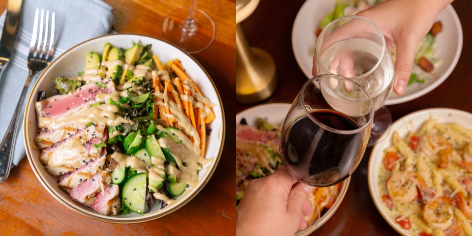 Ahi Tuna salad, pastas, wine